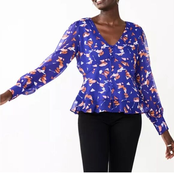 Nine West long sleeve abstract print chiffon peplum blouse top size XL - Picture 1 of 7
